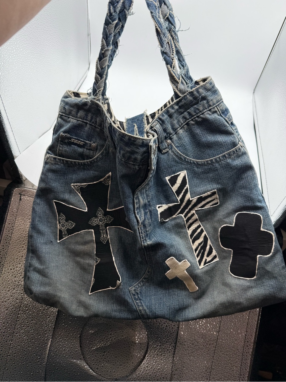 Handmade Women’s Denim Jean Shoulder Bag Purse Y2K 80s 90s Crosses - Picture 4 of 4